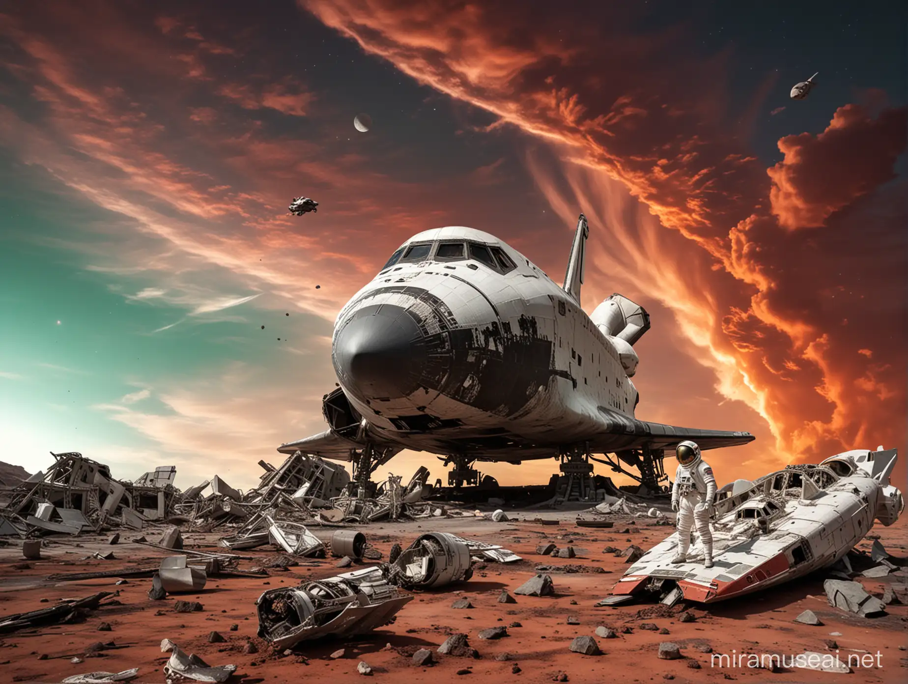 Astronaut Standing by Damaged Space Shuttle and Alien Craft Under Red Sky