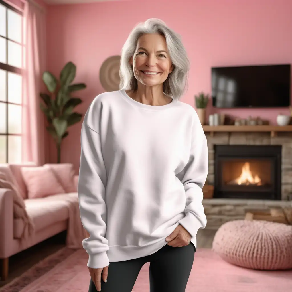 a photorealistic photo mockup of a gently smiling mature woman wearing a blank white,
over-sized Gildan 18000 sweatshirt , and black leggings in front of an indoor pink themed
boho style home living Room scene. professional photography composition, f9.0. --ar 5:4 -
-s 750 --style raw -
