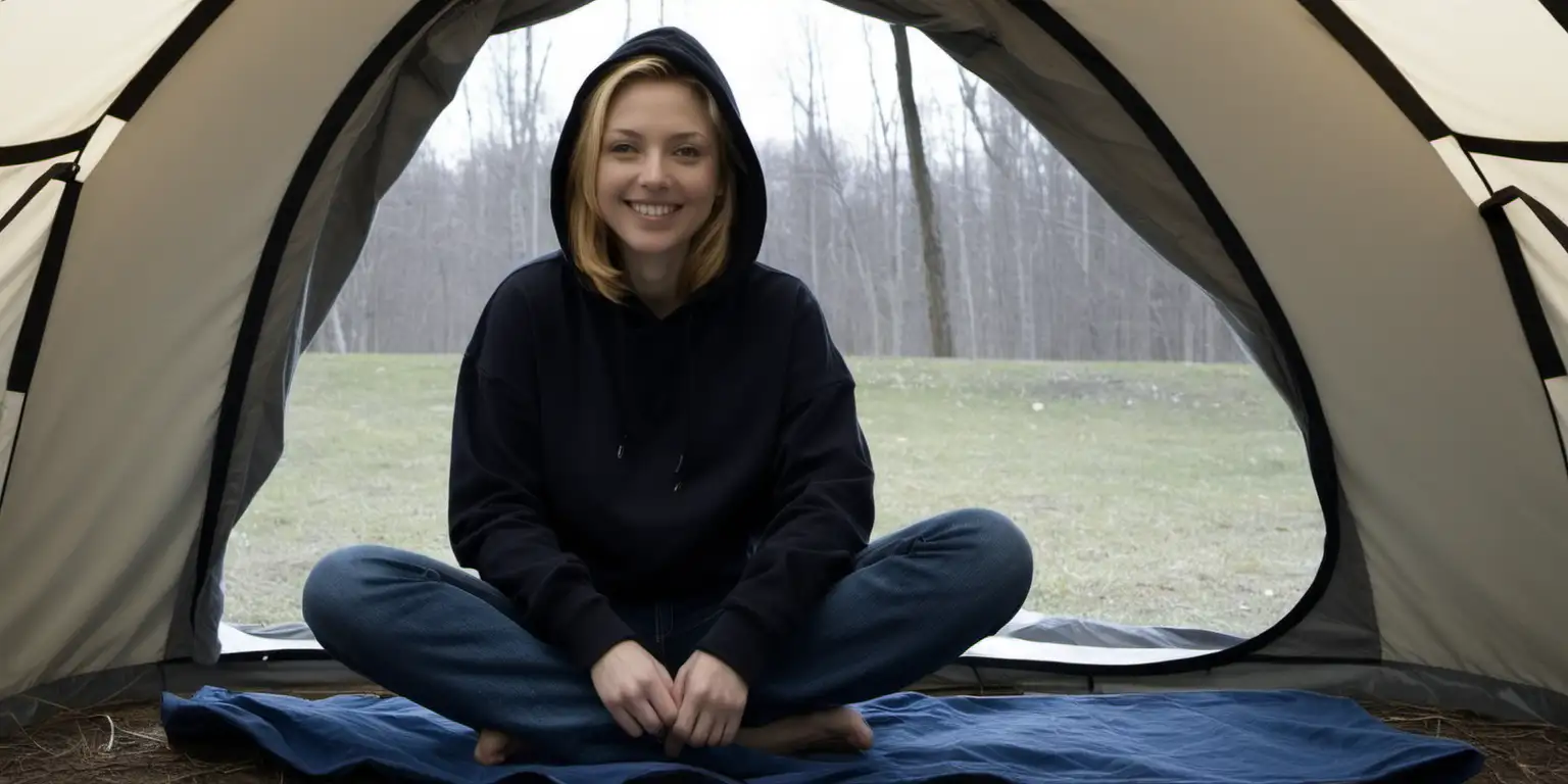 Smiling Woman Relaxing Barefoot in Dark Blue Jeans and Black Hooded Sweatshirt Inside Large Tent at Night
