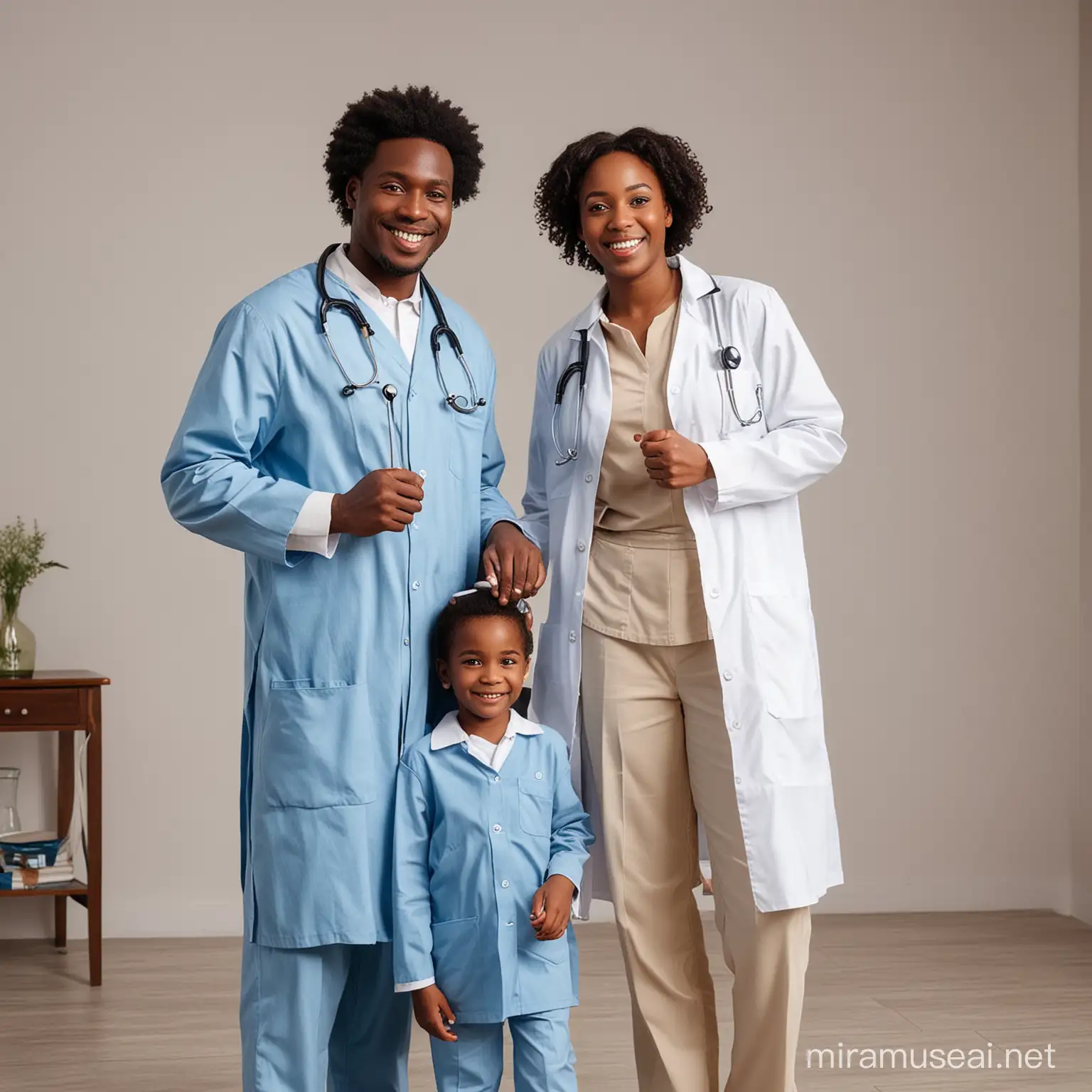 Joyful African Family RolePlaying Child Dressed as a Doctor with Parents