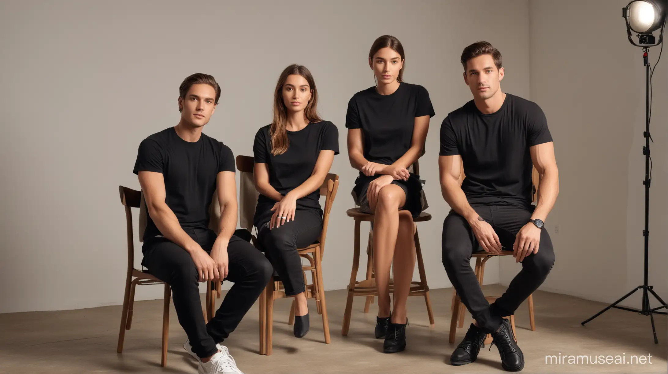 3 models, 2 male and 1 female in plain black t-shirt, one of them sits on chair and other are in standing position, in living area of a house modeling for a clothing brand with professional lighting.