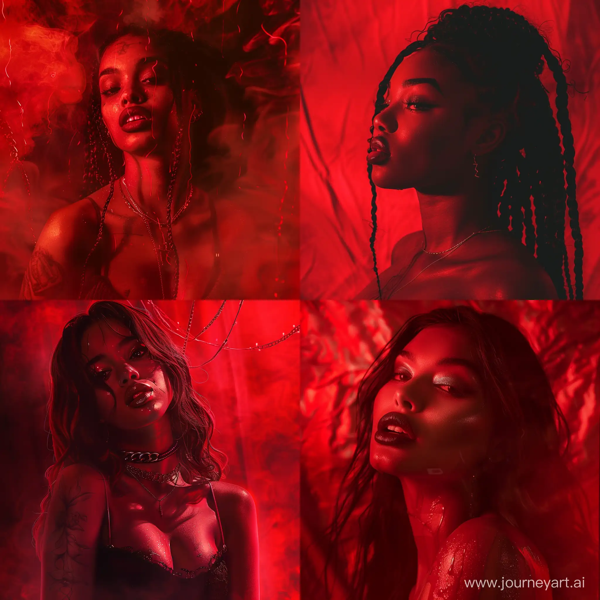 sexy, intriguing, exotic, mysterious but upbeat portrait in a red dark rnb theme