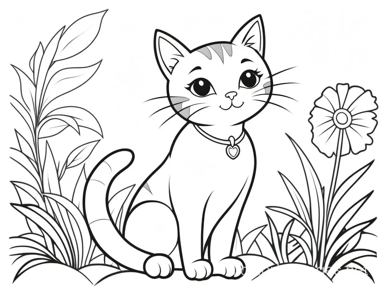cat , Coloring Page, black and white, line art, white background, Simplicity, Ample White Space. The background of the coloring page is plain white to make it easy for young children to color within the lines. The outlines of all the subjects are easy to distinguish, making it simple for kids to color without too much difficulty