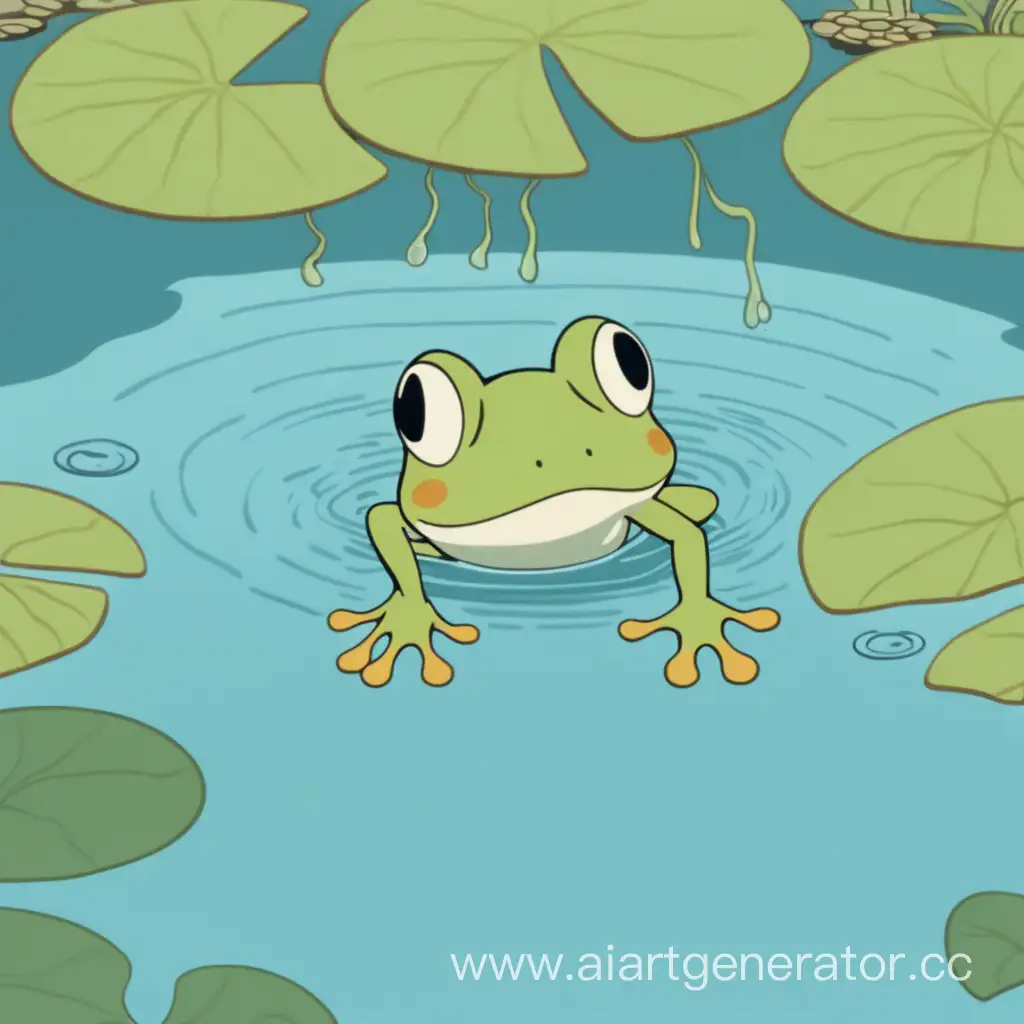 пруд, лягушка головой вниз, ныряет в воду, 
в анимационном стиле