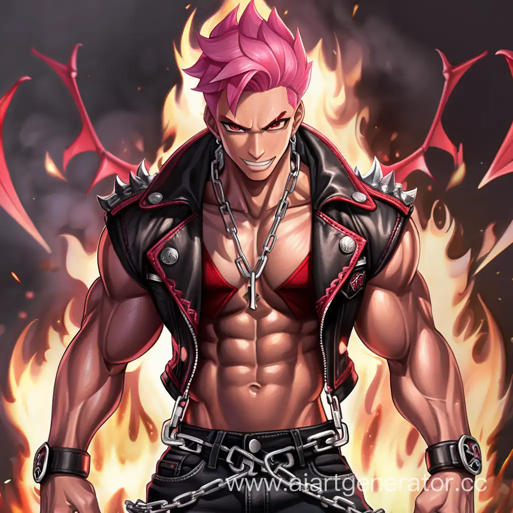 Battle Field, 1 Person, Male, Human, Pink Hair, Short Hair, Skipy Hairstyle, Dark Brown Skin, Red Dragon Wings, Black Jacket, Red Shirt, Black Jeans, Burning Chains, Serious Smile, Dark Brown-Eyes, Sharp Eyes, Flexing Muscles, Muscular Arms, Muscular Legs, Well-toned Body, Muscular Body, Hard Abs, Red Smoke, 