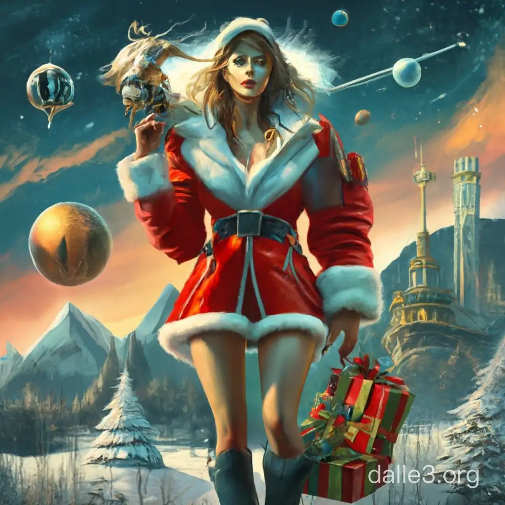 (boris vallejo + luis Royo + yukisakura) ultra detailed visually rich concept art illustration in atompunk style of a young woman bodyguard, short shorts mini topic and a red raincoat wery more armor and ammunition with Russian Grandfather Frost in blue raincoat With a huge bag of gifts ((Guarding Russian Grandfather Frost as he boards the departing Santa's spaceship))), created with main focus on cybermechanical and magical overgrown planet in space sky, (((candid photography)))), luminous and enchanting, dark and eerie, illuminated dark fantasy realm, (((rule of thirds))) intricate details, subtle colors, fantasy realm, (((dynamic pose)))) --v 6.0 --ar 13:10