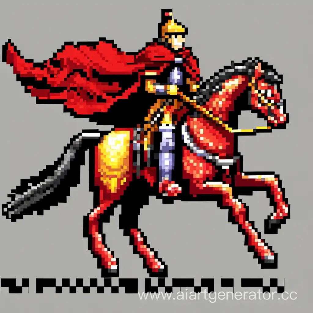 Generate an 80x80 pixel, 2D pixel art image of a warrior riding a horse and wearing red cape. The warrior should be depicted in a combat stance with a transparent background. The image should embody a classic pixel art style, with limited colors and bold detailing.