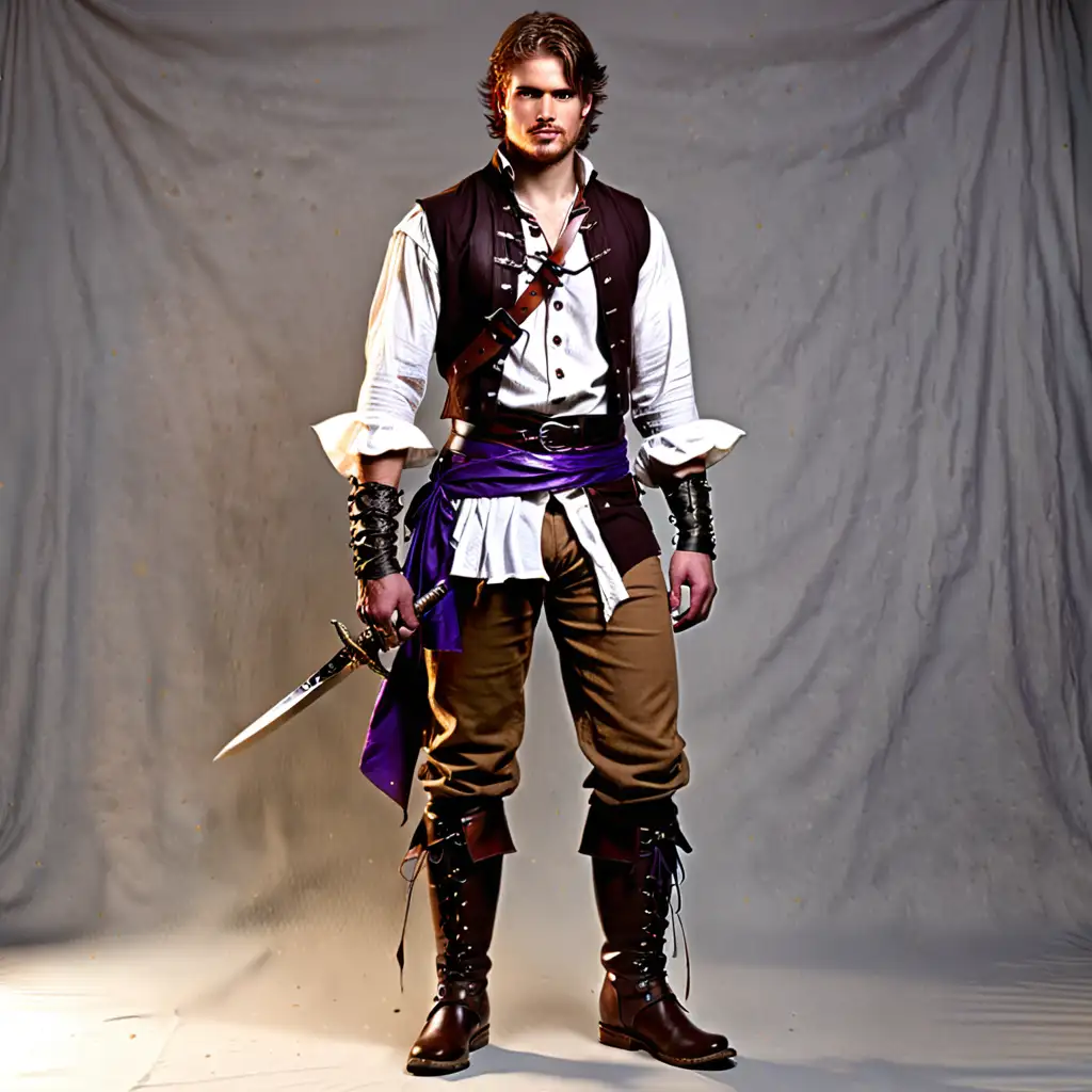 Fantasy Male Warrior in Brown Pants and LaceUp Shirt with Sword and Accessories