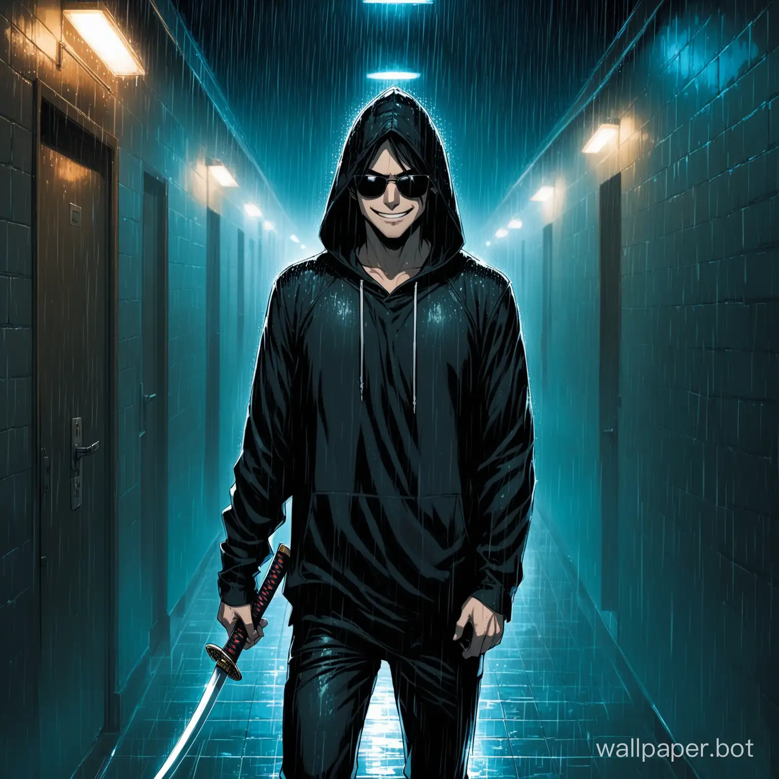 A guy, in a black hoodie, in the rain, wearing sunglasses, a sinister smile, night, in the corridor, with a katana