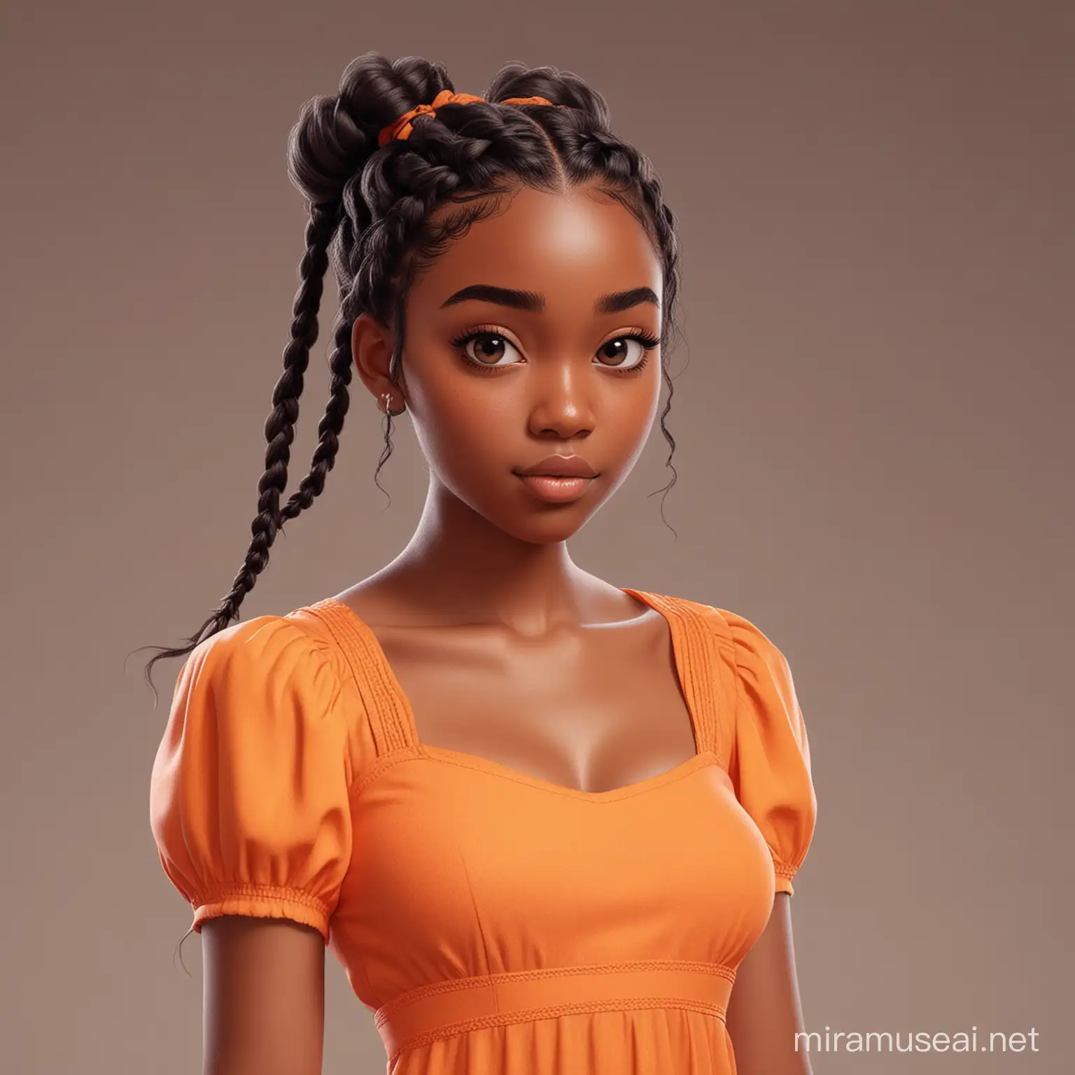 2d animation, cute Black girl, short styled braids, , full length, dressed in orange dress, face close up