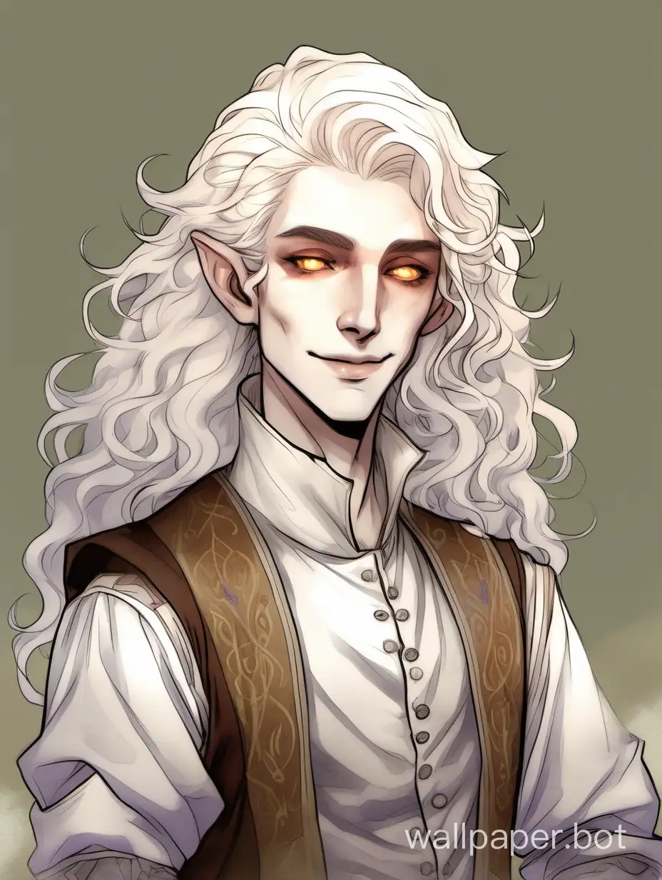 a D&D bard, dnd changeling, a changeling from dungeons and dragons, thin, slender, translucent ((pale white skin)), (wavy curly long white hair), ((glowing white eyes)), androgynous, flamboyant, nonbinary, pale body, lithe, pointed ears, almond shape eyes, charismatic smile, (bard adventurer clothes), renaissance, portrait, humanoid, friendly, pretty, character bust, wearing clothes, entertainer, performer, clean, baggy sleeves, waistcoat, straight slightly hooked nose, digital art, classic, watercolor, proportionate, anatomical, painting, shapeshifter, pretty face