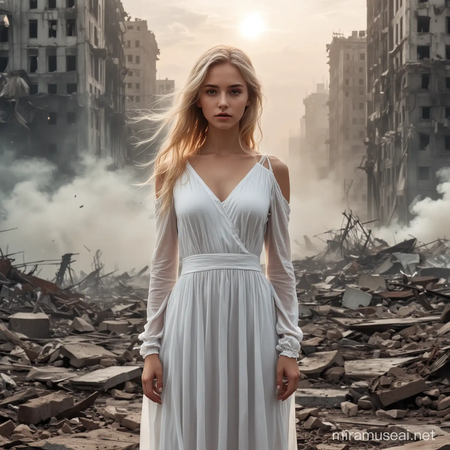 Девушка со светлыми волосами в белом платье  на фоне апокалипсиса