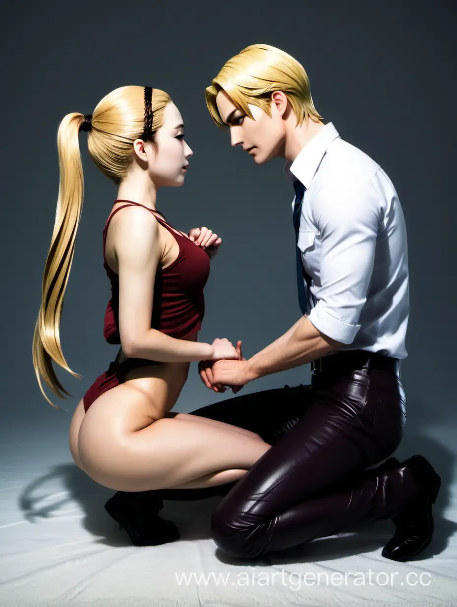Affectionate-Moment-Girl-with-Ponytail-Kneeling-in-Love-Beside-Erwin-Smith