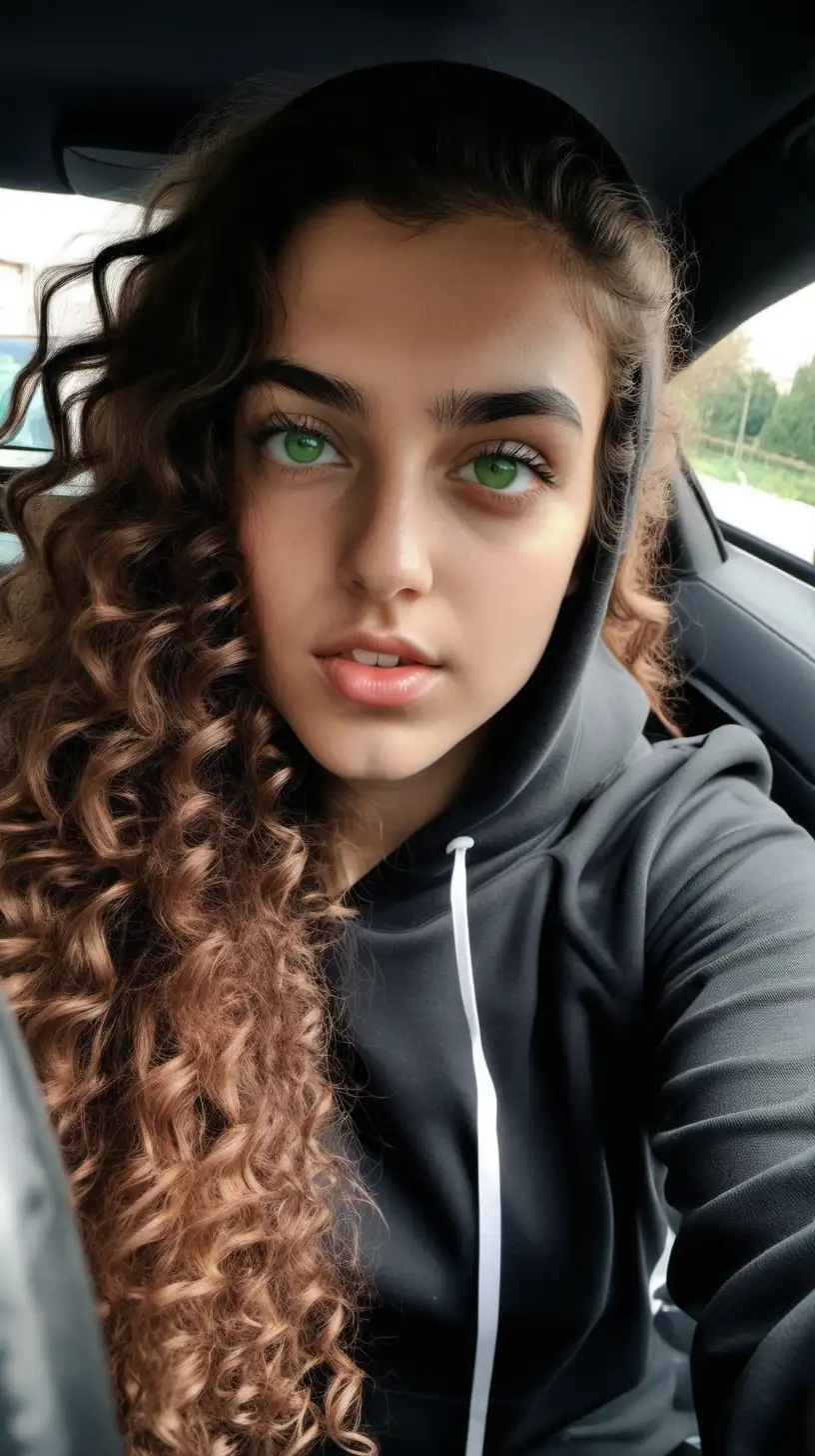 24 years old young woman from italy with long curly brown hair, green eyes, selfie in a luxury car, wearing black nike hoodie