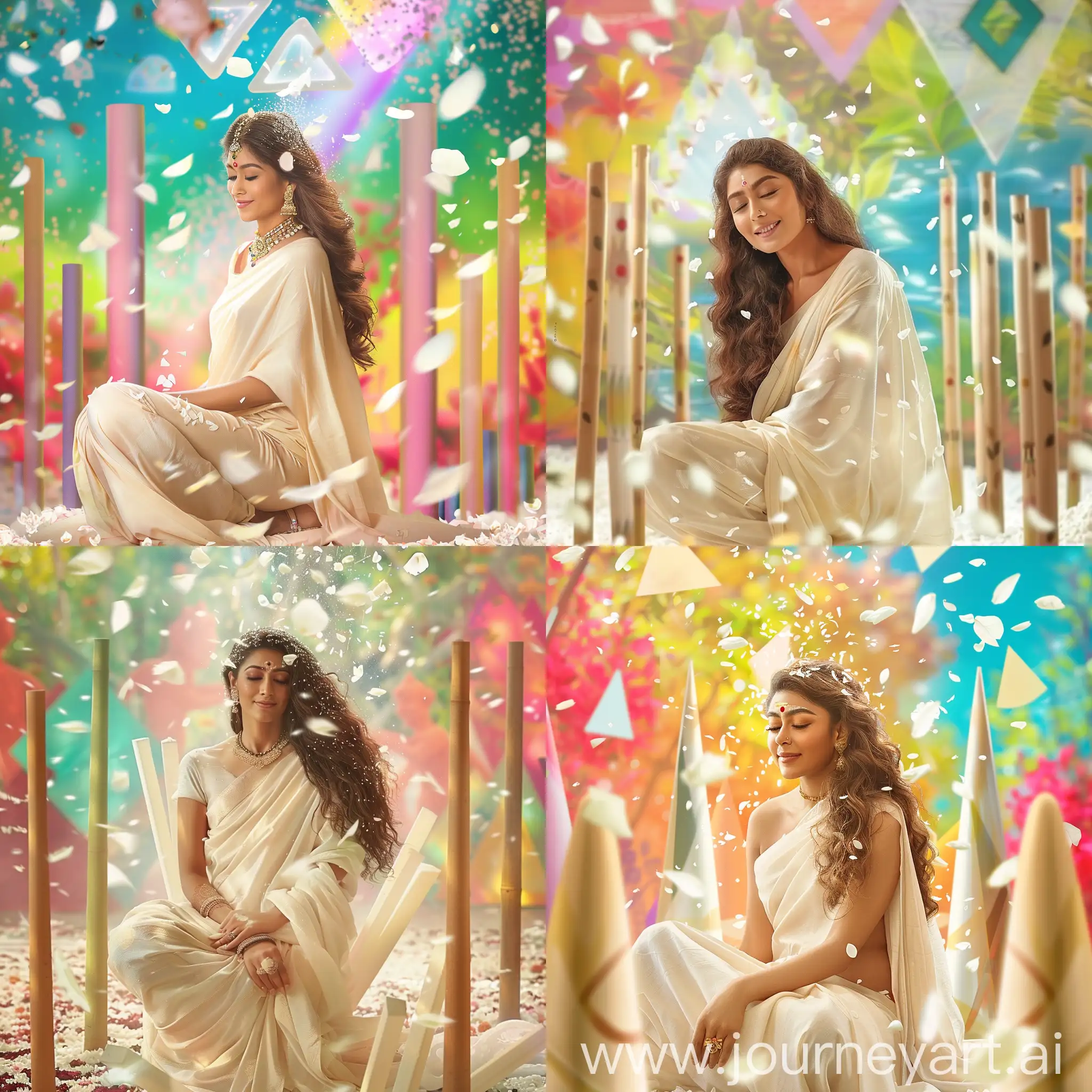Create a stunning visual of Nayanthara, wearing a offwhite creamy saree, is sitting in squatting posture, there are medium shaped poles that resemble a tool of creation, shapes in the background as properties, she showered with white petals from heaven, her eyes are closed in peace, she is happy and tranquil, a attractive, beautiful, curvy, half body shot, perfect composition, golden ratio in the composition, vibrant colorful sacred grove background