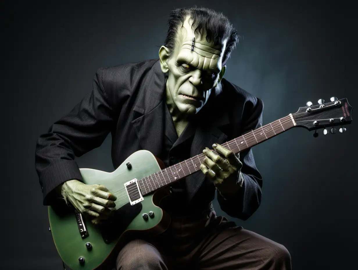 Frankenstein playing guitar photographed in a portrait studio