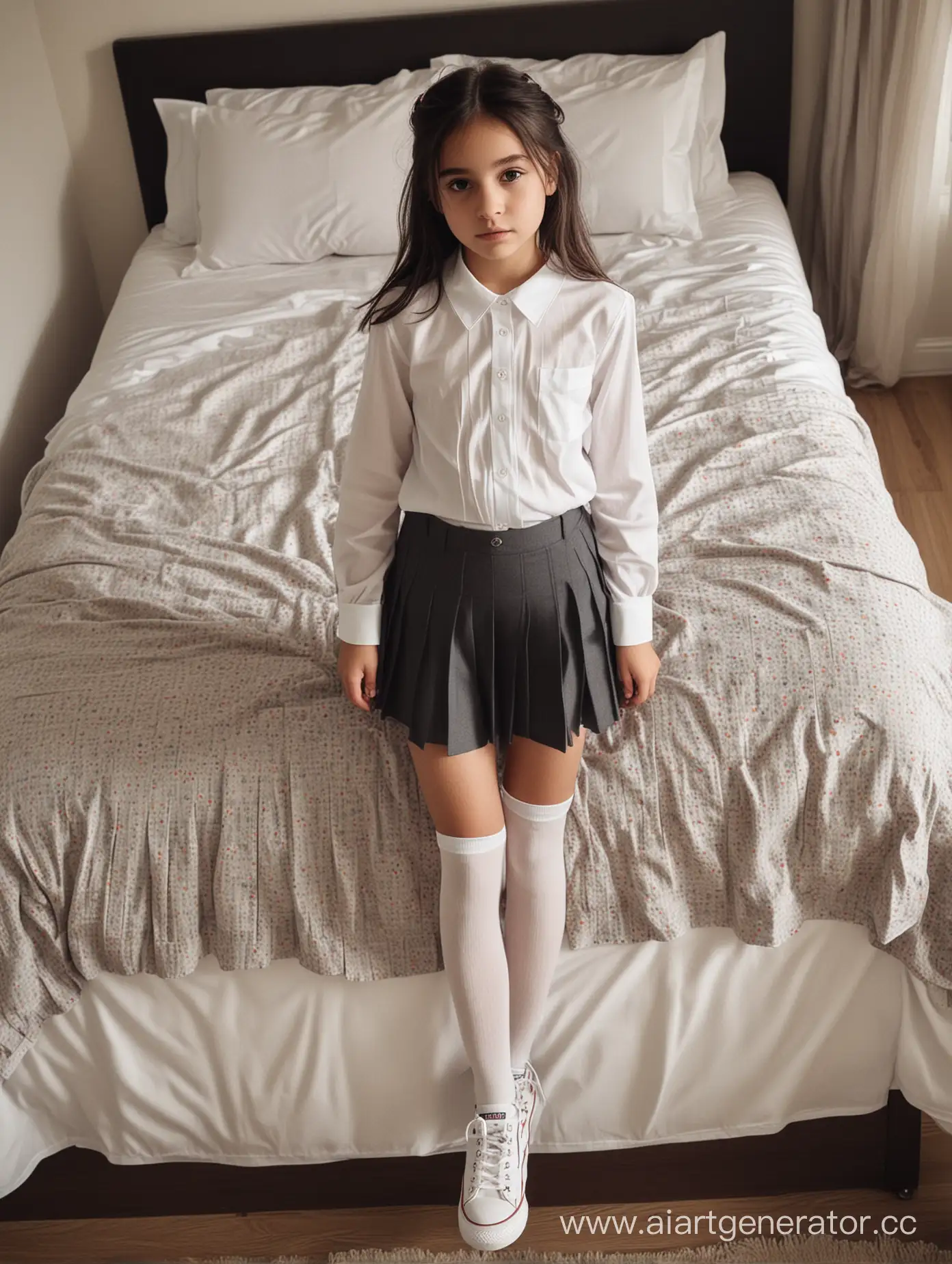 Adorable-Turkish-Girl-in-Mini-Skirt-and-OvertheKnee-Socks-Playing-in-Bedroom