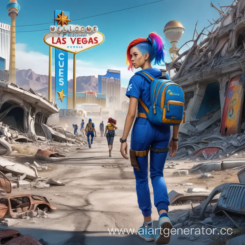 девушка с рюкзаком, в обтягивающем синем комбинезоне vault tec
 и цветными волосами идёт  и  по разрушенному серому Лас Вегасу, вокруг проходит множество бродяг