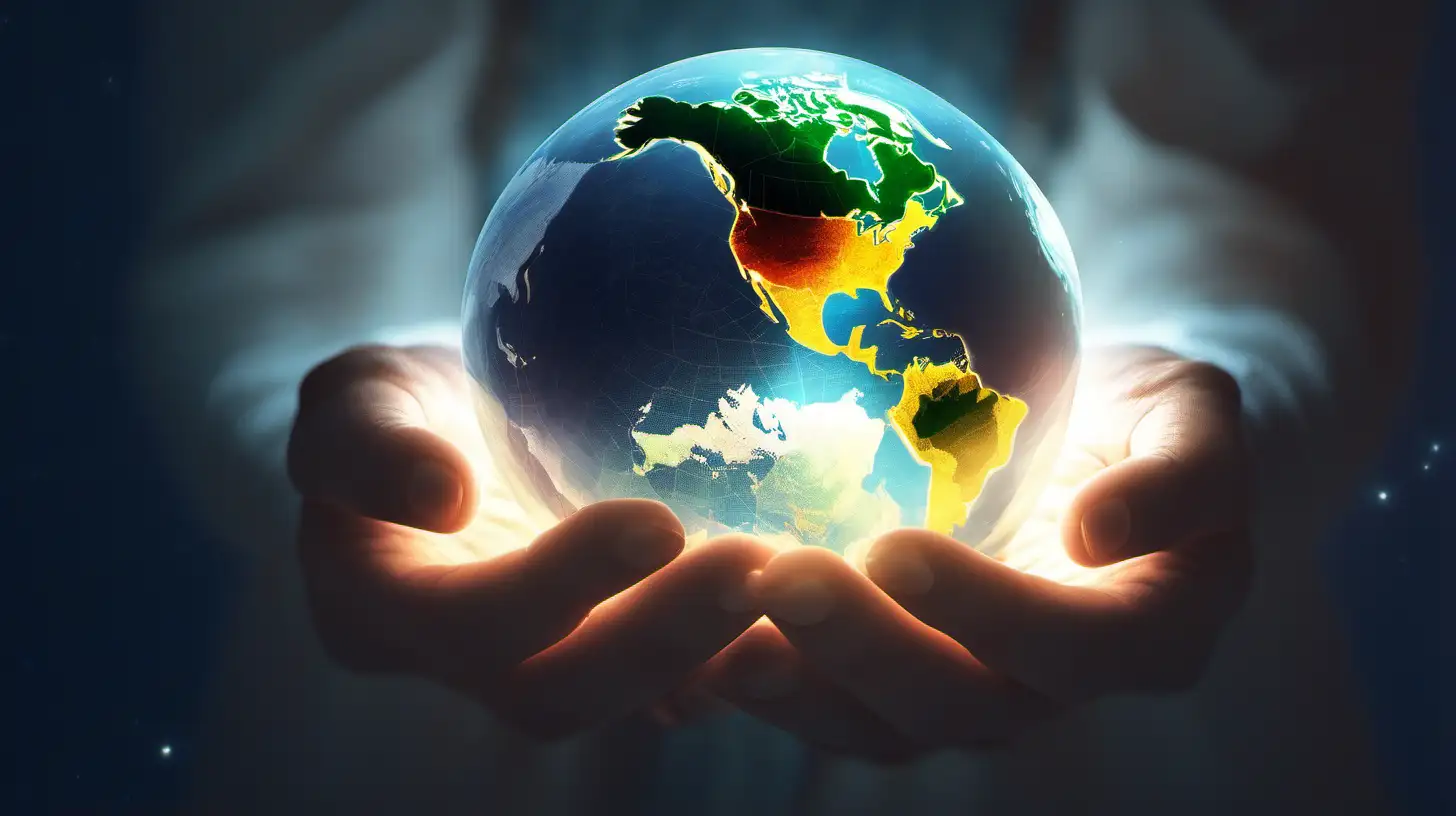 A pair of hands gently cradling a glowing sphere representing the world, with continents shining brightly.