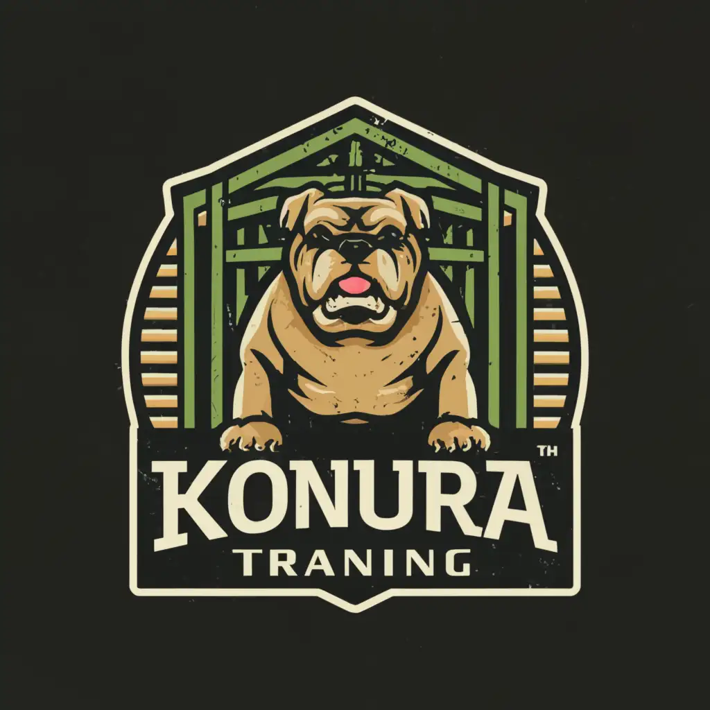 a logo design,with the text "OCR KONURA training", main symbol:Bulldog against the background of a barn, black-and-salad background, 4K, running, handrails,,Moderate,clear background