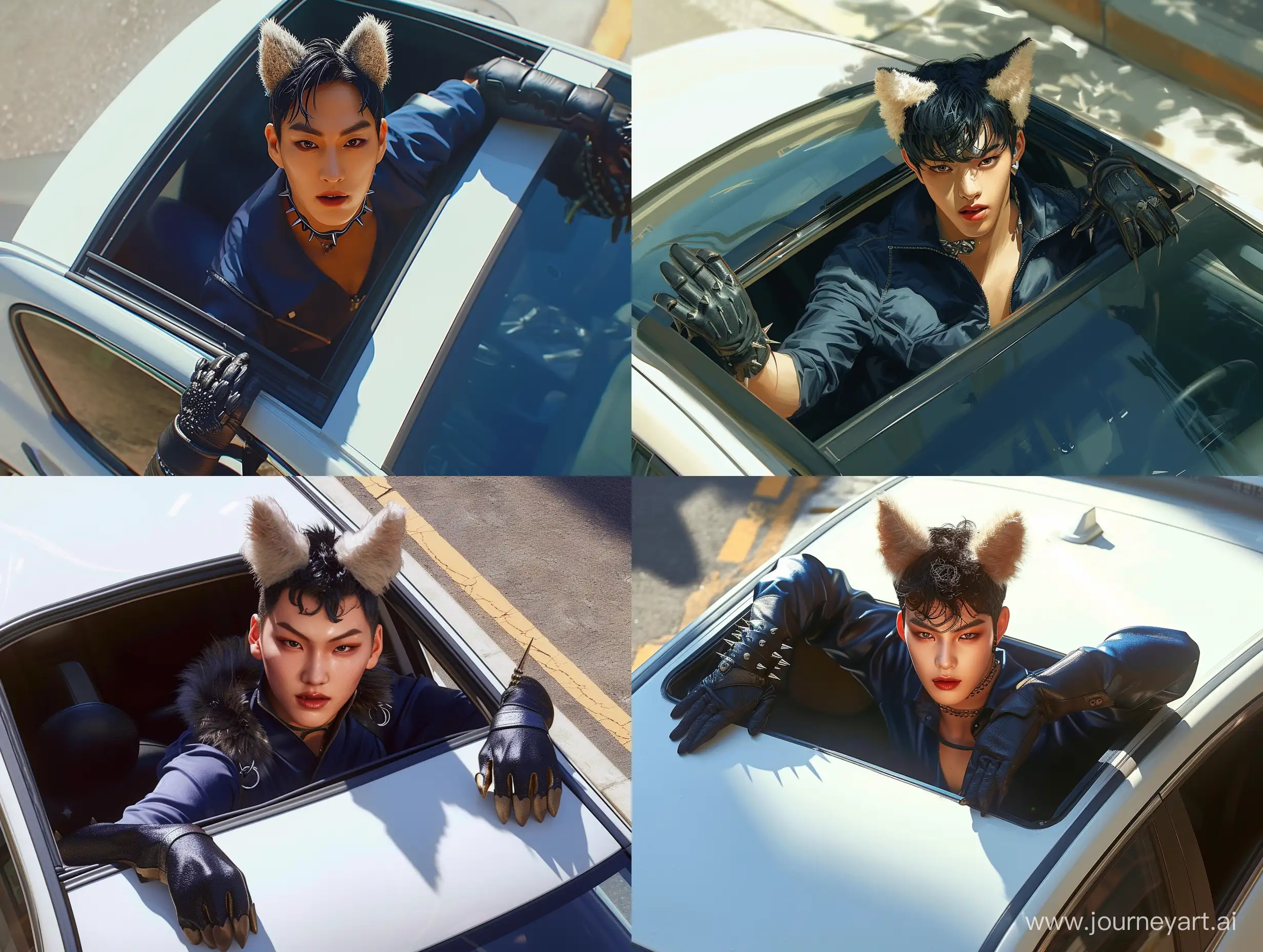 The image shows a person emerging from the sunroof of a car. The face of the man with masculine features of the Star Bang Chang from South Korea has small eyes, a straight and prominent nose, dimples on the cheeks, heart-shaped lips, uniform and full, the cupid's bow is that small space between the upper lip and the nose, mole on the left eyebrow, broad shoulders. This person wears furry ears exactly like a cat, he wears gloves in the hyperrealism shape of a cat's paws. She is dressed in a dark blue jumpsuit partially pulled down to expose her shoulders and part of her chest with muscular and anabolic parts. He wears black gloves and some kind of spiked collar around his neck. The car is white and appears to be parked next to a curb on a sunny street.