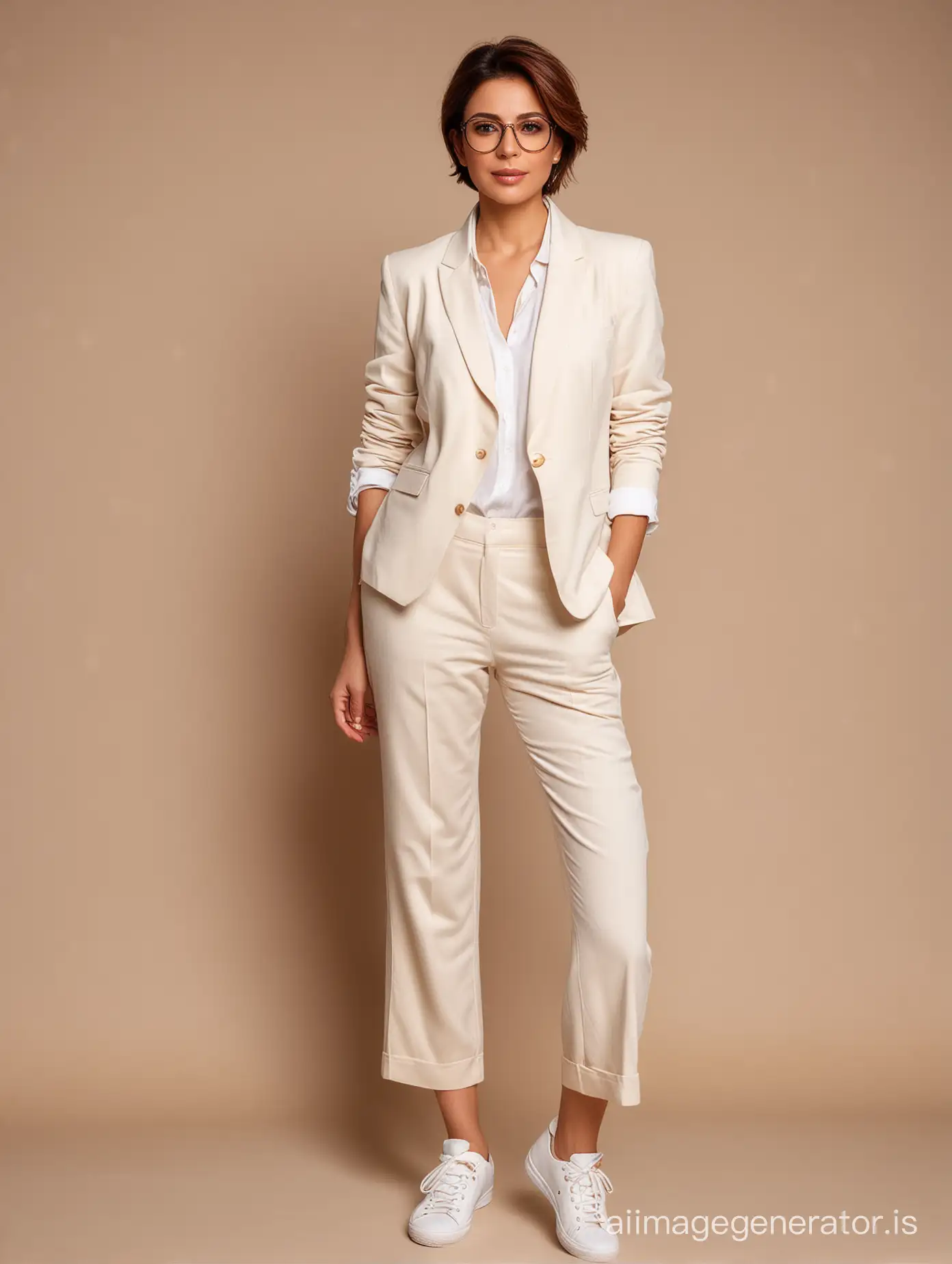 iranian woman 40 years old, white blazer, white shirt in pants, cream wide pants, white sneakers, short brown hair, glasses, full body shot, fantasy  light cream solid background, dramatic lighting