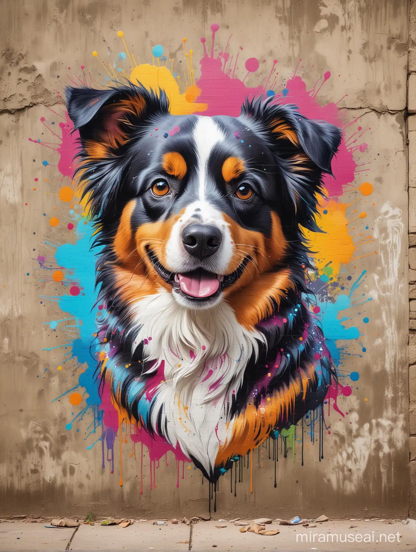 Colorful Graffiti Art Tiny Happy Face Australian Shepherd Dog on Rustic Wall