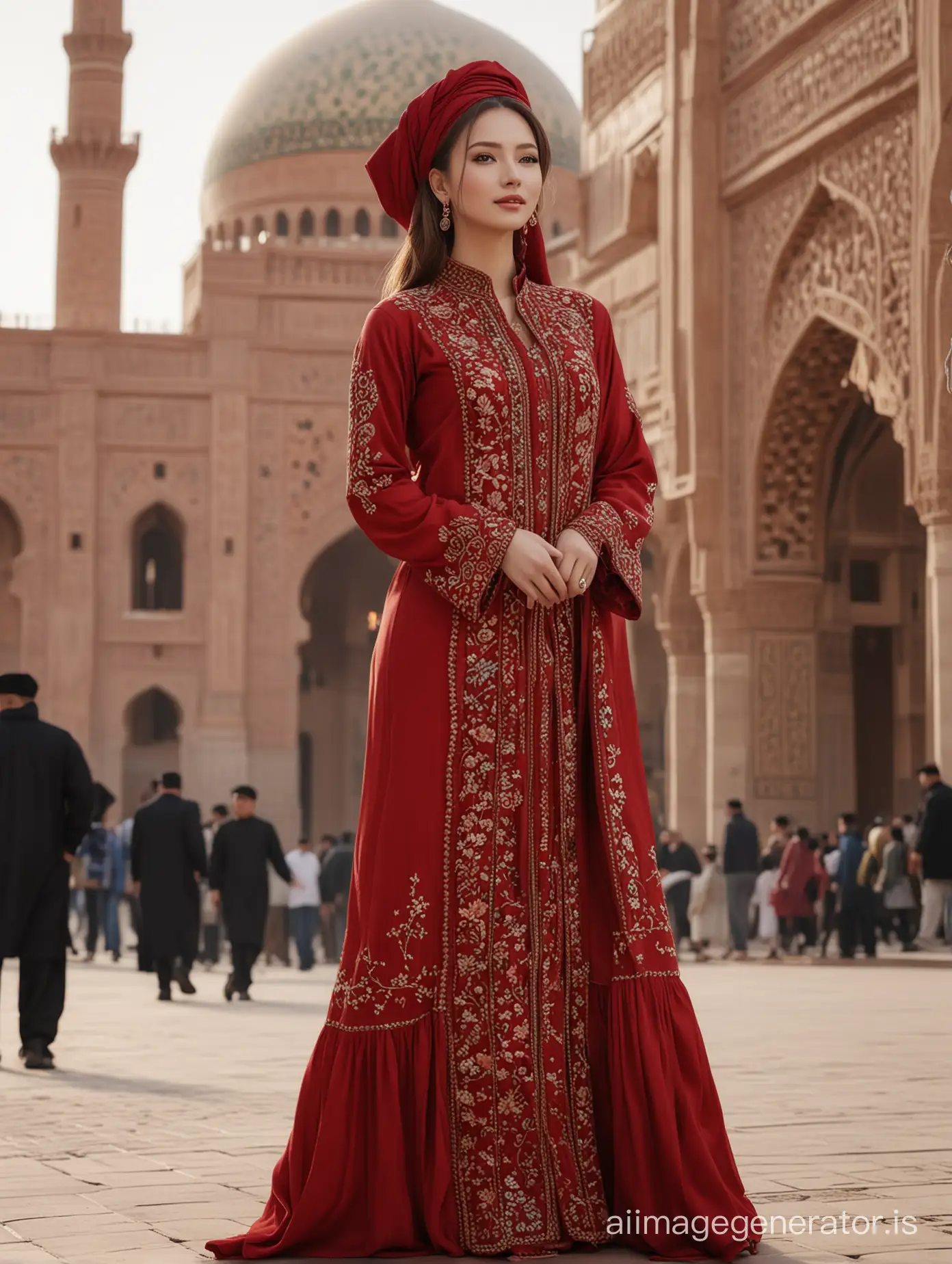 Uyghur-Girl-in-Exquisite-Red-Abaya-at-Majestic-Mosque