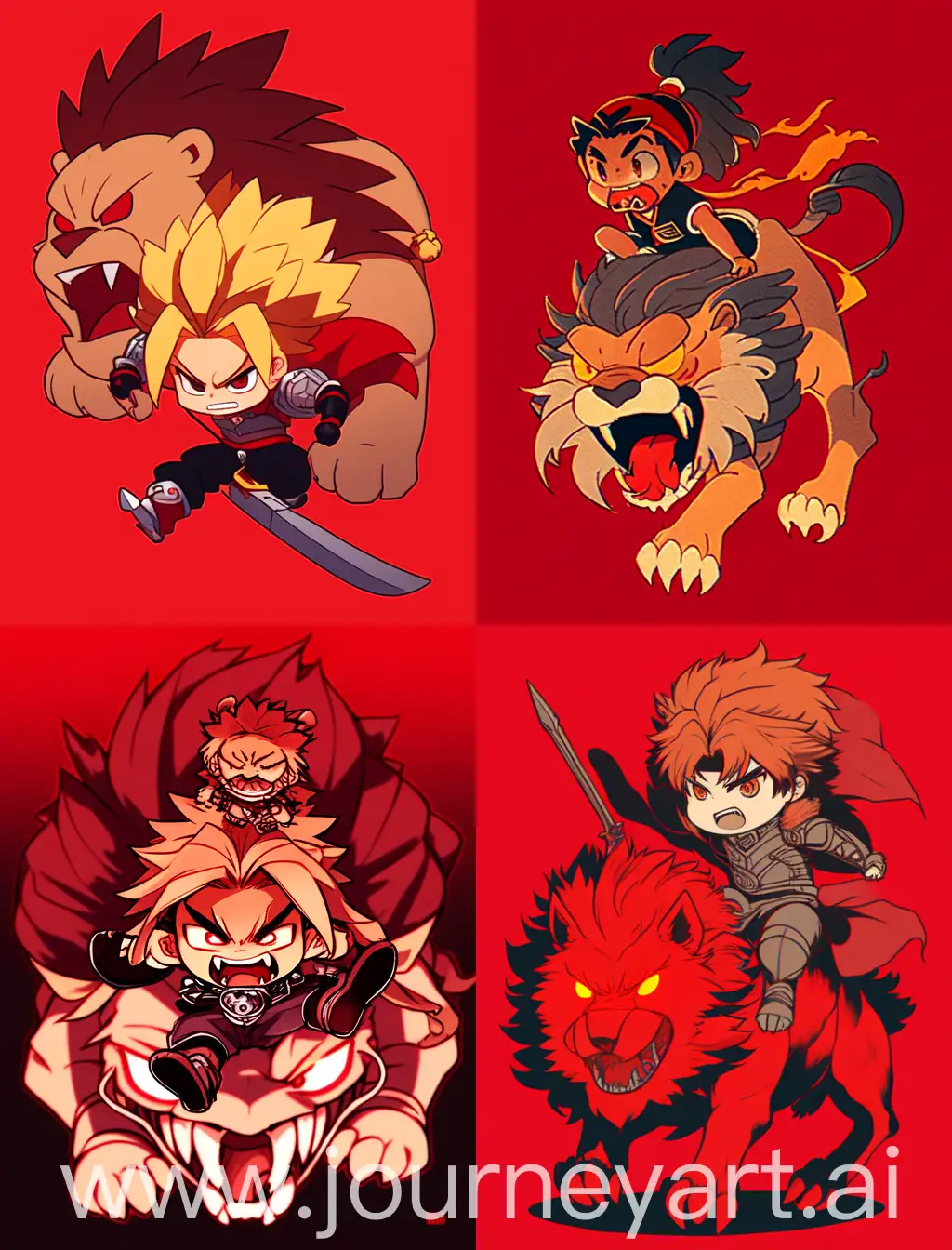 angry chibi anime guy riding a lion, cartoon anime style, with strong lines, with red solid background