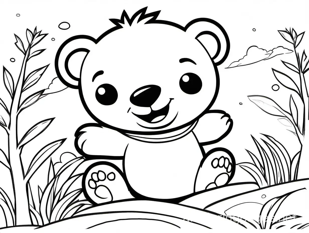 A cute little bear laughs. He jumps into the air. Let it be funny for the storybook. Let the bear be a child character., Coloring Page, black and white, line art, white background, Simplicity, Ample White Space. The background of the coloring page is plain white to make it easy for young children to color within the lines. The outlines of all the subjects are easy to distinguish, making it simple for kids to color without too much difficulty