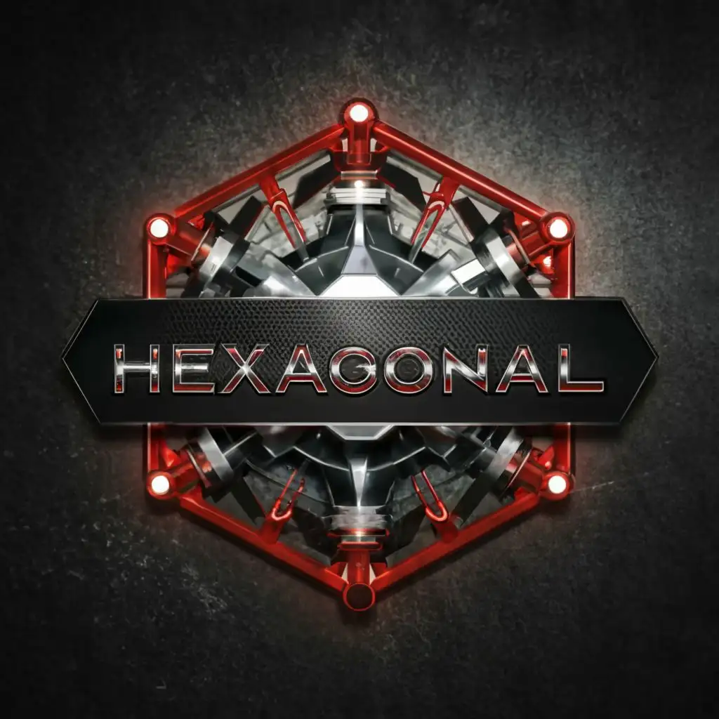 a logo design,with the text "HEXAGONAL", main symbol:The lettering must be metallic and with cyber fonts, use the color red.
Draw lots of threaded dice around and tie rods
The logo must be round and the lettering must protrude,Moderate,be used in Automotive industry,clear background