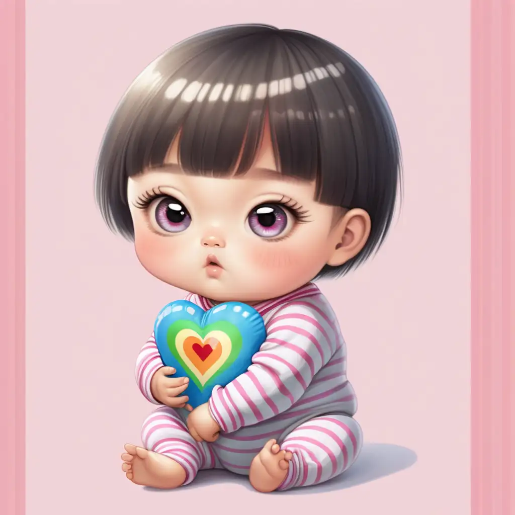 a cute chubby Asian infant baby girl with big eyes and long eye lashes with short hair and triangle bang , she is holding a heart, shy, wearing a long sleeves onesie with rainbow stripes, no background