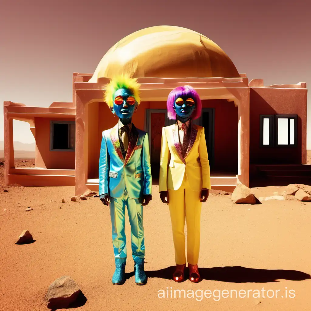 a photograph of a three foot two inches tall martian married couple with brownish skin, rainbow hair and yellow coin eyes singing in their villa made out of crystal in the desert on Mars during an extremely hot and sunny day