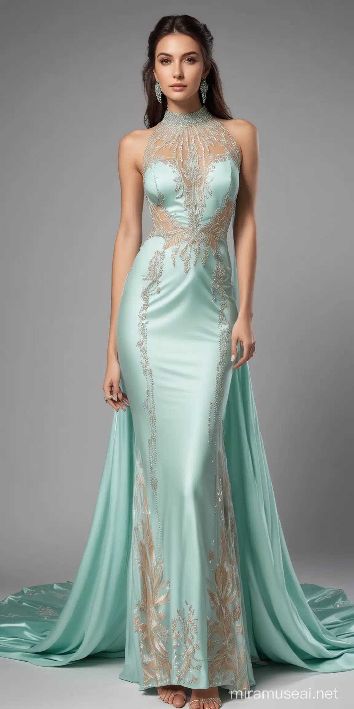 Design a luxury fashionable stylish high dress for men and women as casiphia with Tiffany colour and brand as theme.