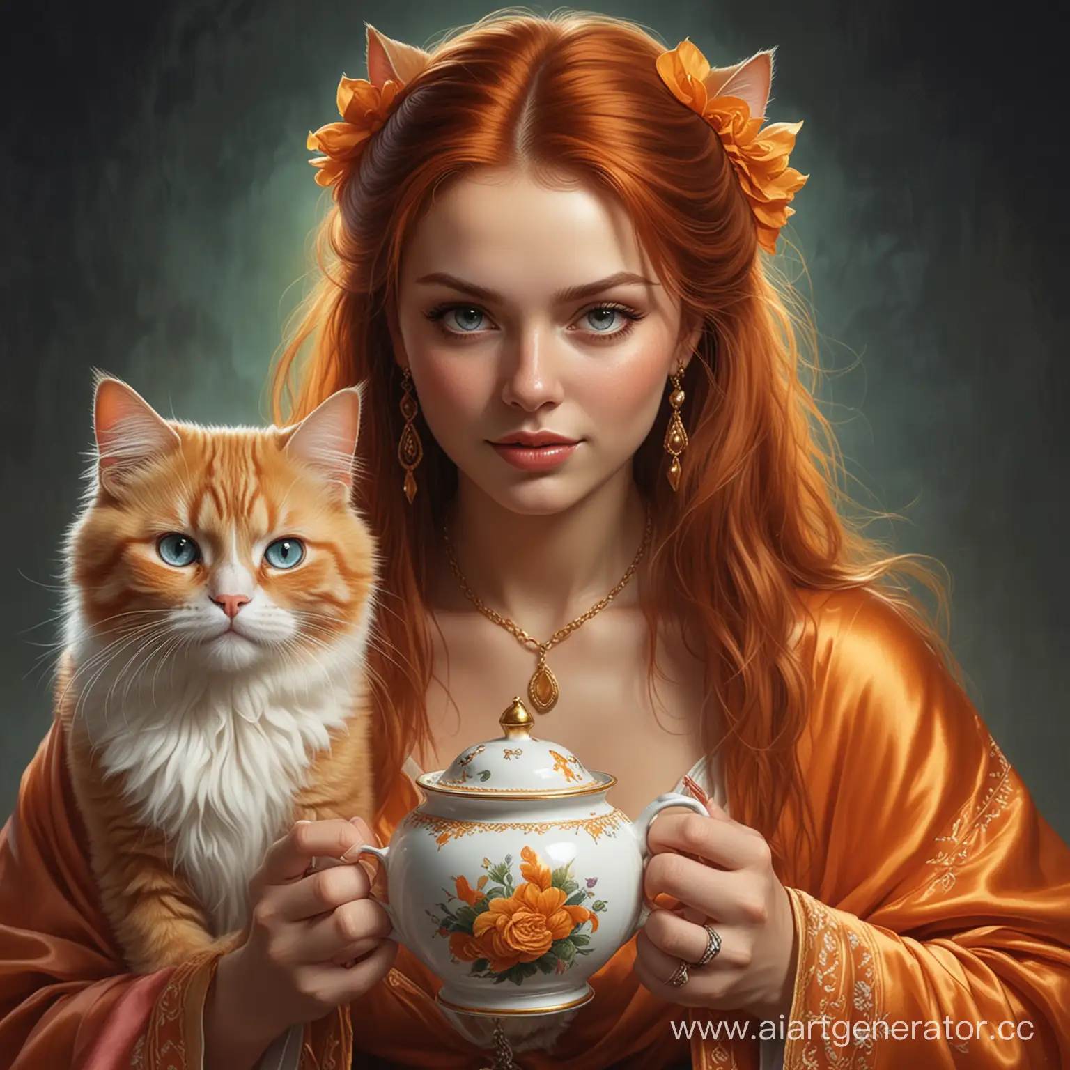 Enchanting-Sorceress-Brewing-Tea-with-Fluffy-Ginger-Cat-Illustration