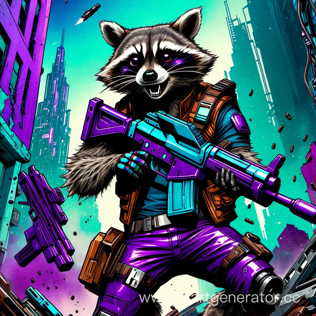 Cyberpunk-Raccoon-Guardian-with-Machine-Gun-in-Abandoned-City