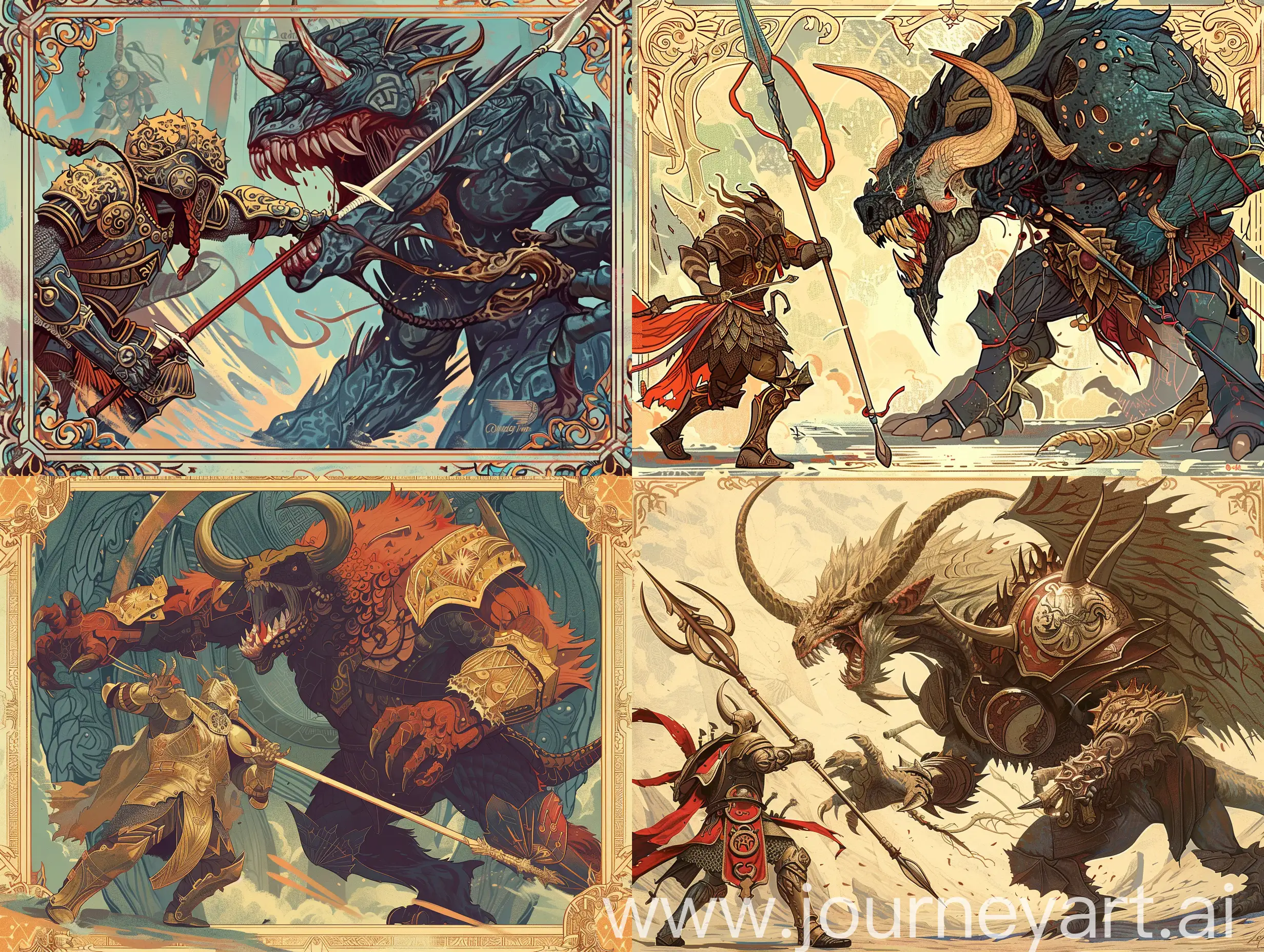 Epic-Battle-Warrior-Confronts-TwoHeaded-Monster-in-Art-Nouveau-Style