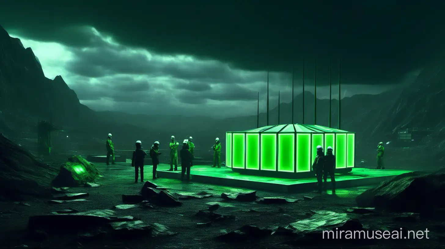 Realistic research centers with Realistic one worker around it, green neon and big neon lights inside the part, its color shadow on the floor, Rainy weather, staff in dark green uniforms and helmets, Atmospheric and cinematic, The structure is very big and elongated in the shape of a match and wide, A dark green smoke rose from the research centers environment and spread in the air, The image space is outside the realistic research center, Realistic On a big rocky ground outdoors on a cloudy day,
with very large satellite antennas,
An big green neon cubic cylinder object,
The floor is black and white,
in the mountains.
Realistic dark atmospheric and cinematic.
8k.