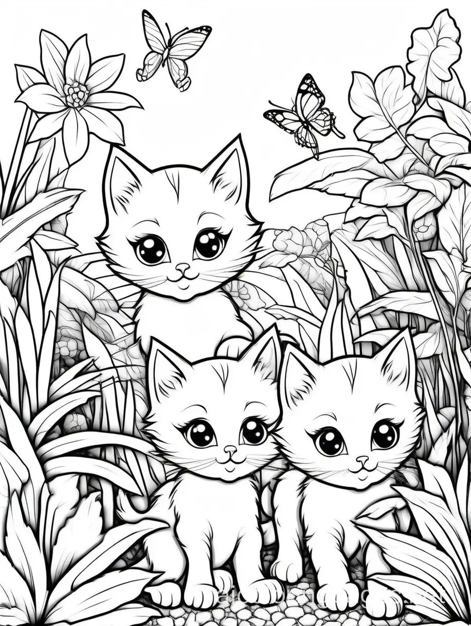 Playful Kittens Exploring a Garden, Coloring Page, black and white, line art, white background, Simplicity, Ample White Space. The background of the coloring page is plain white to make it easy for young children to color within the lines. The outlines of all the subjects are easy to distinguish, making it simple for kids to color without too much difficulty