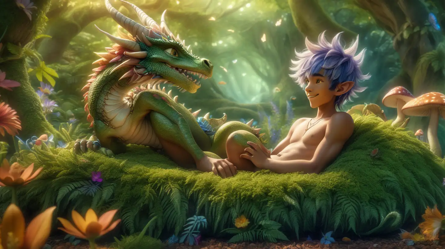 award winning cgi, 8k, fantasy art, a sexy 18 year old anthropomorphic dragon boy, fae features, foliage loincloth, lazily stretches awaking on a bed of flowers, just waking up, in an enchanted cannabis forest, psychedelic mushrooms, pixies and other fantasy creatures, happy mood, fantasy art, idyllic, magical, a sleepy smile is on his face