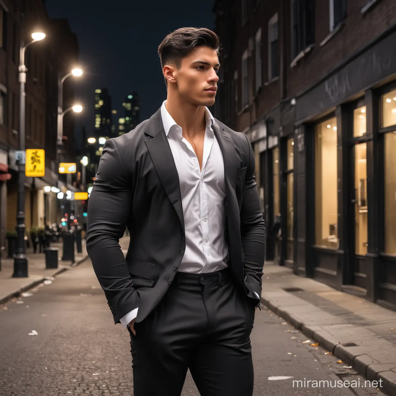 A handsome big extremely muscular male bodybuilder, 20 year old, short black hair, businessman, wearing a black suit, long black trousers, white shirt, standing outside on the street at night, realistic