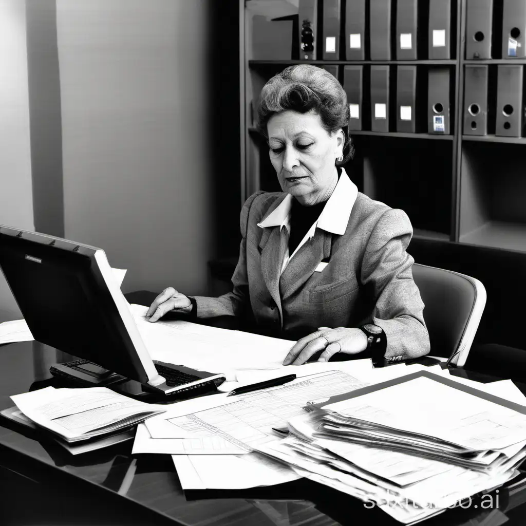 señora ordenando papeles, un ordenador en una mesa