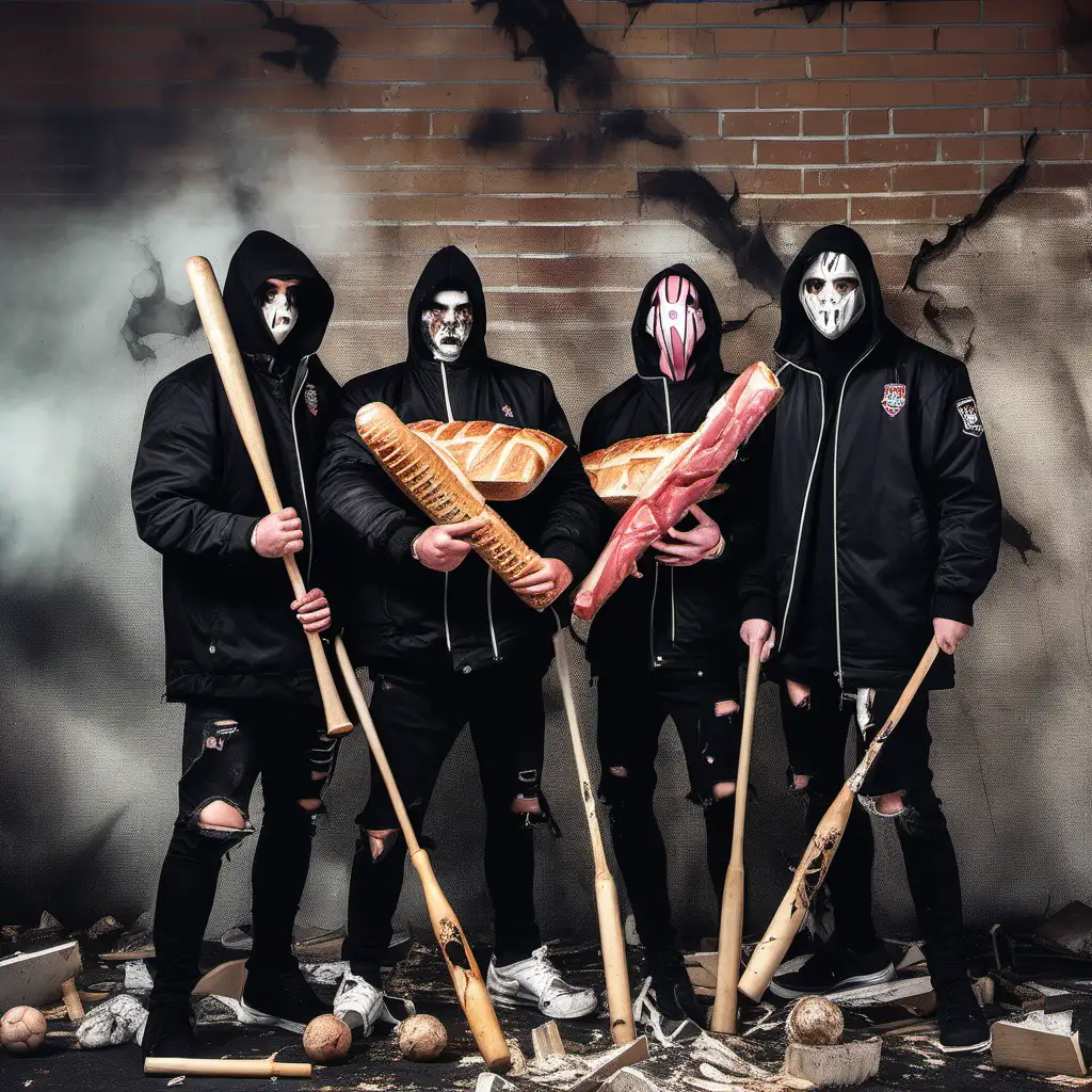 Football Hooligans wearing black jackets posing with some baseball bats and a destroyed Ham Sandwich