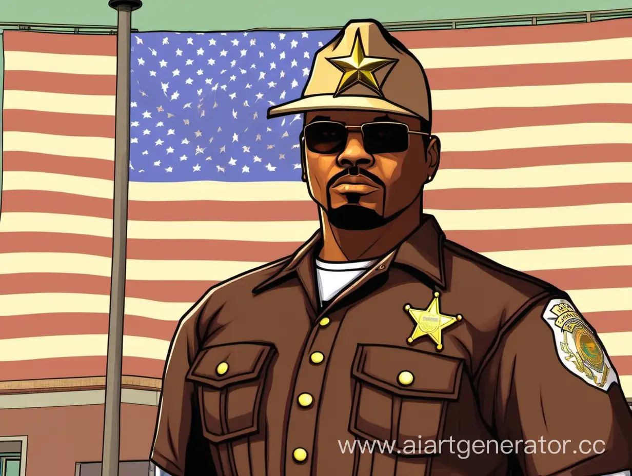 Создай картинку, на ней персонаж из стиля игры GTA San Andreas, он является помощников шерифа, отдел O.S.S.B, стоит на фоне флага США для фотографии