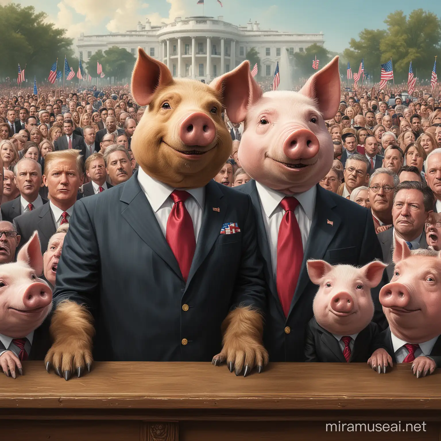 a dog-headed president and a pig-headed vice president in front of a crowd of people

