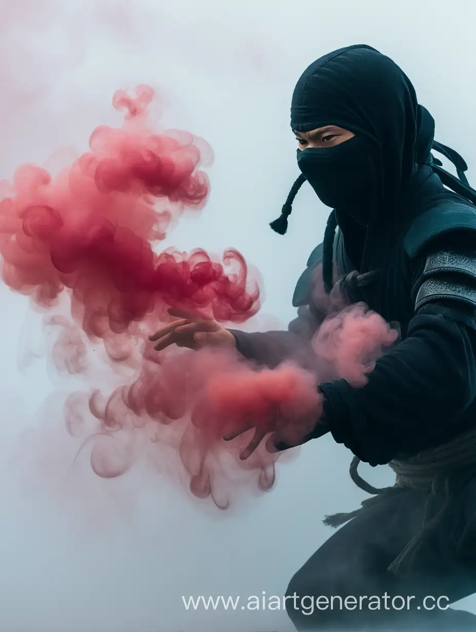 The ninja uses a smoke bomb, after which everything is covered in fog, with the outline of a person visible in the mist.