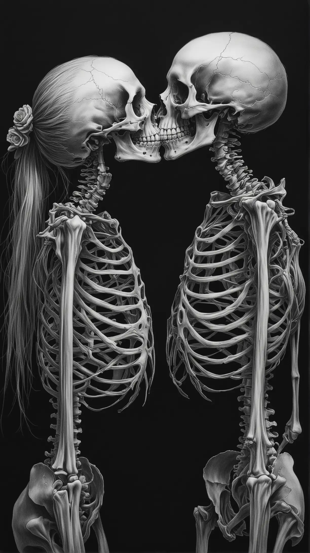 Drawing kissing skeletons, black background