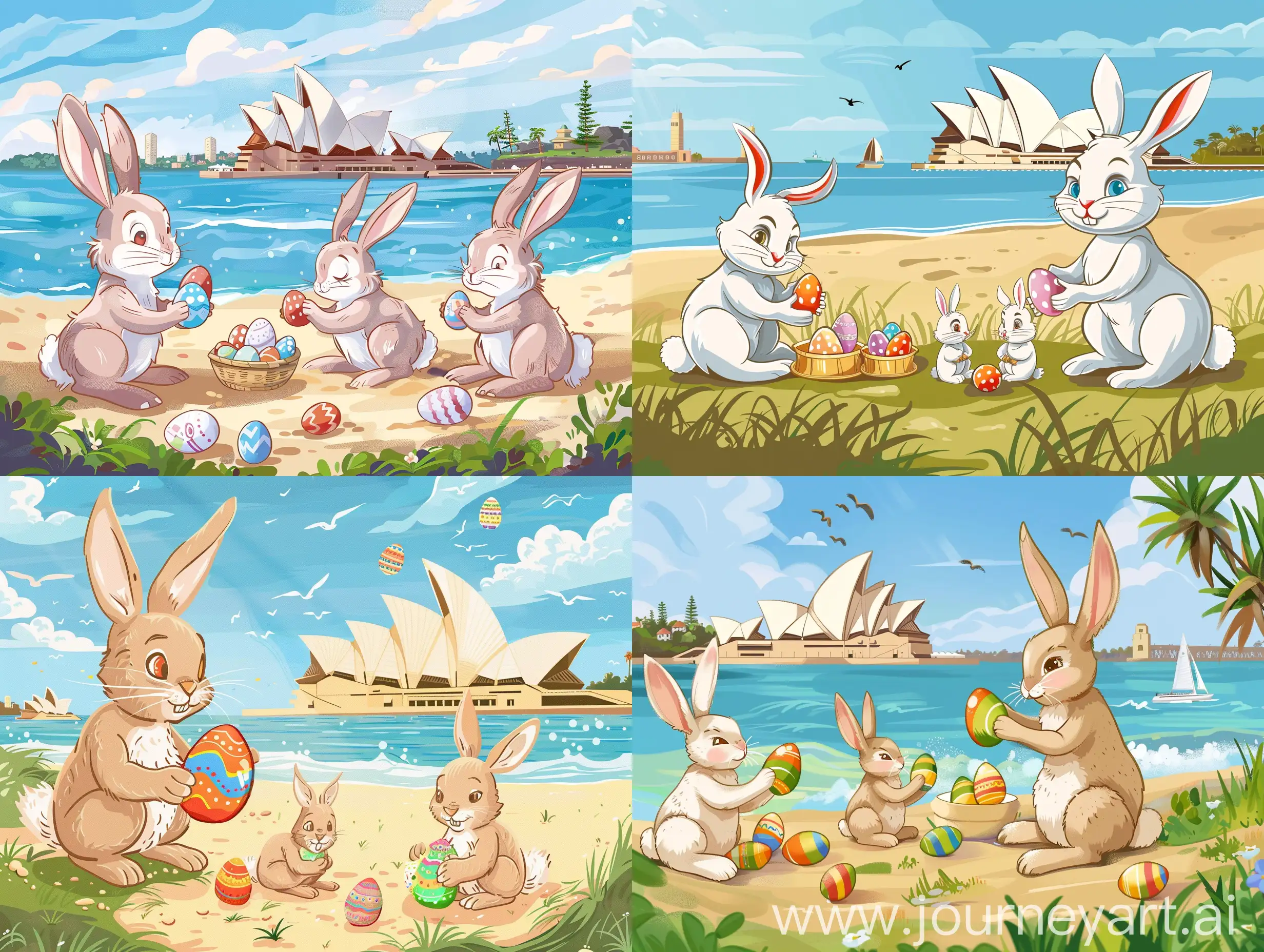 Cartoon style Easter bunny family preparing Easter egg gifts on the beach with Sydney Opera House in the background