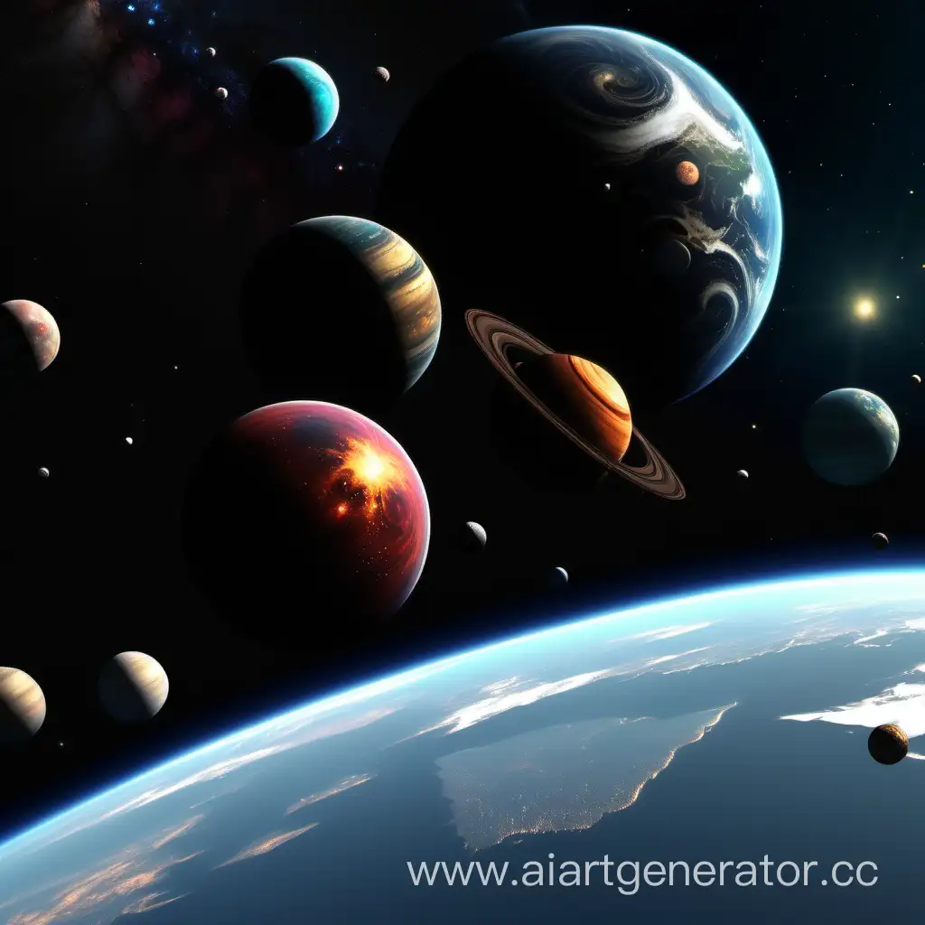 космос, много планет. между ними перелетают космические корабли. HD