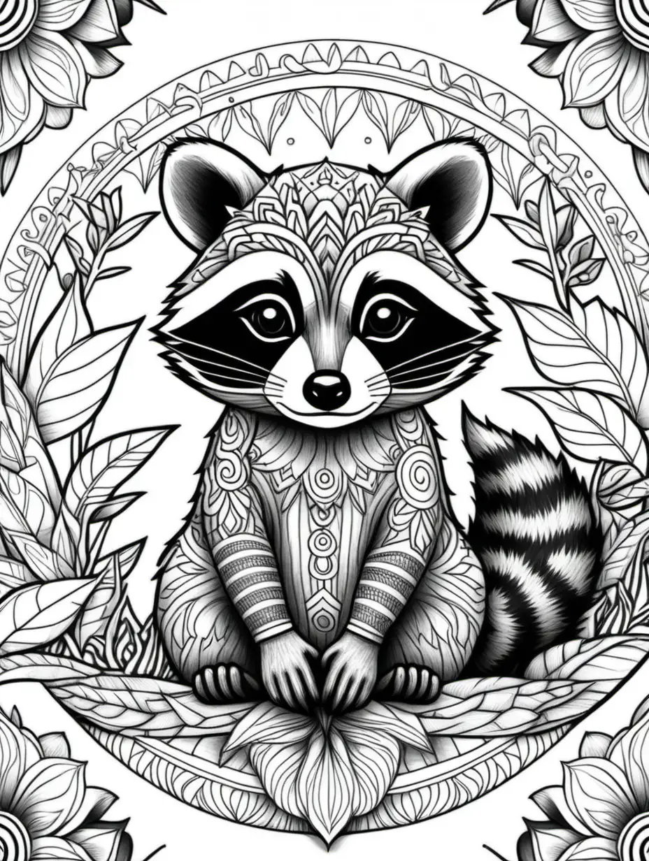 adult coloring book, mandala raccoon, high detail, black and white, not shading,